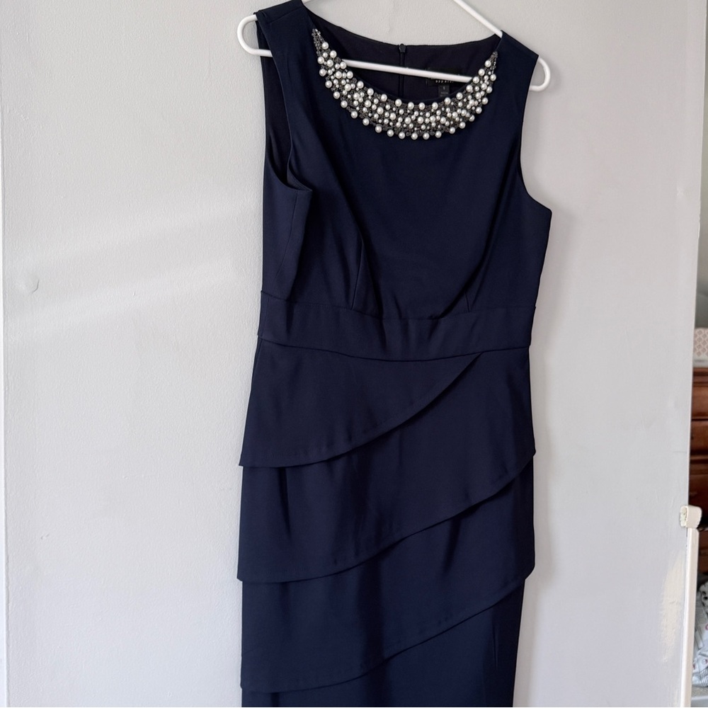 Connected Apparel Navy Midi Dress with Pearl Details